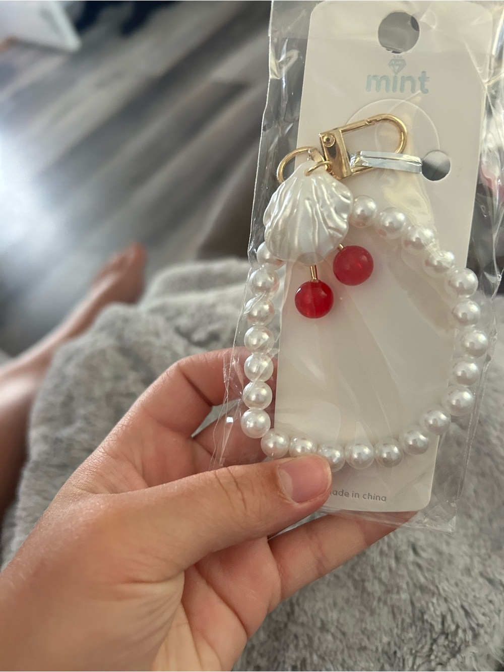 4/$50 Mint Pearl Beaded Keychain with Red Cherry Charms
